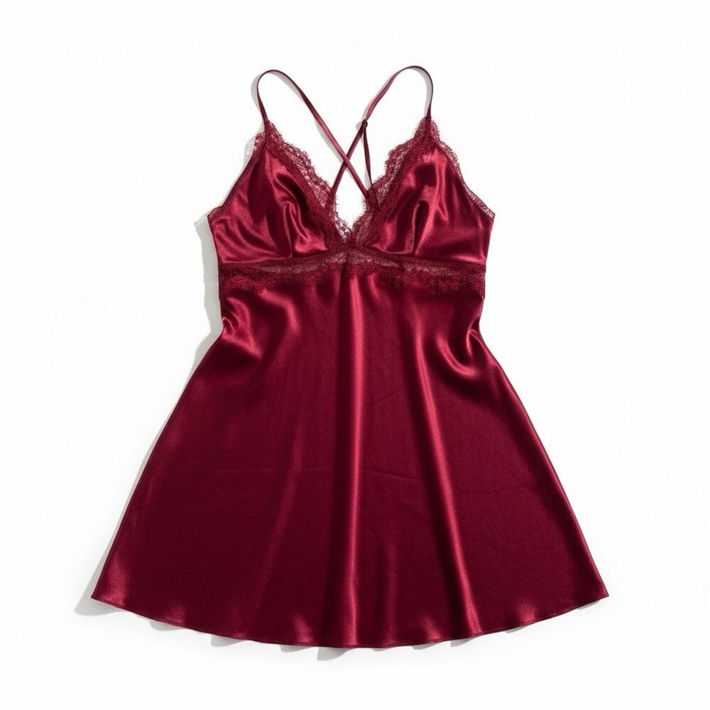 Victoria Secret Satin Slip Dress Berry Red Lace Chemise Babydoll Y2K Medium